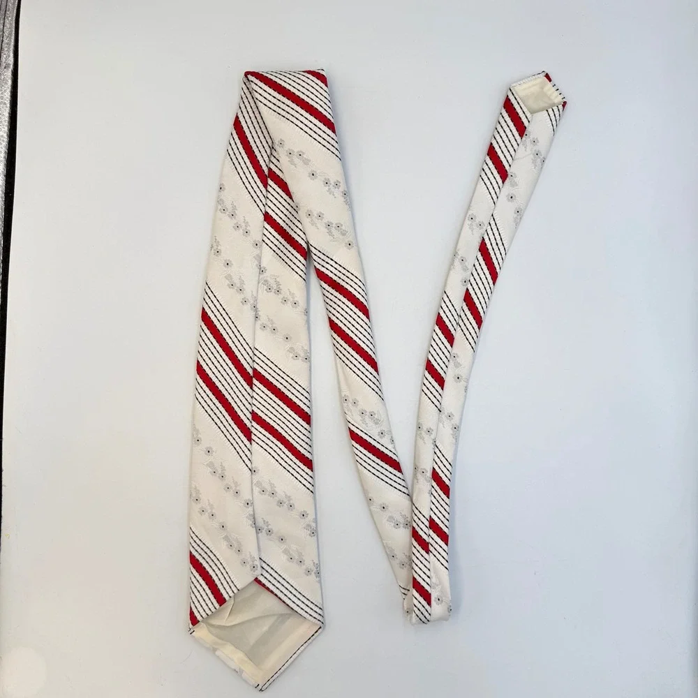 Vintage White Red Black Striped Floral Embroidered‎ Wide Men's Necktie Retro MCM